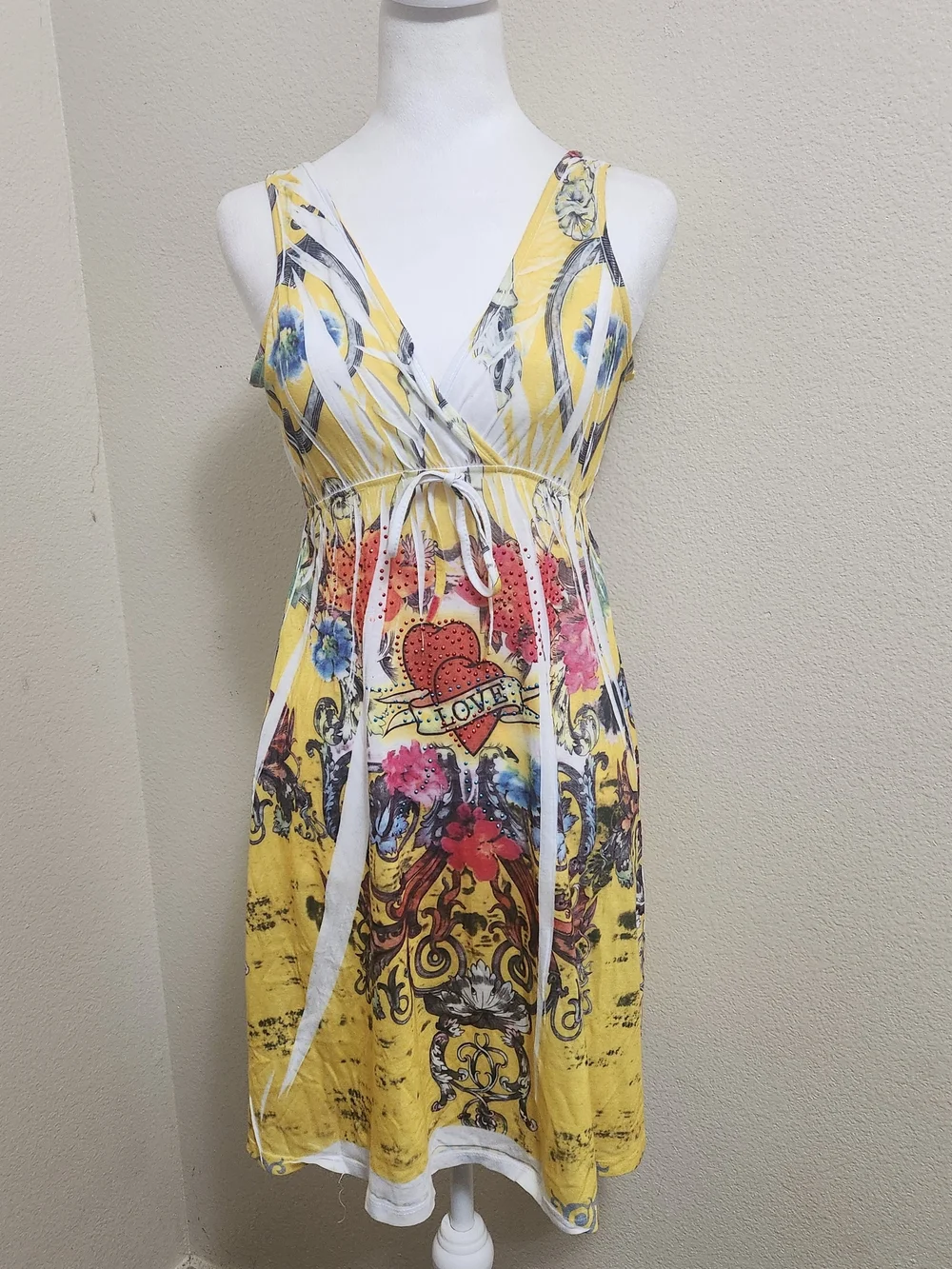 Y2K Babydoll Tatoo Mini Dresses Heart Rhinestone Ed Hardy Style Paper Thin Beach